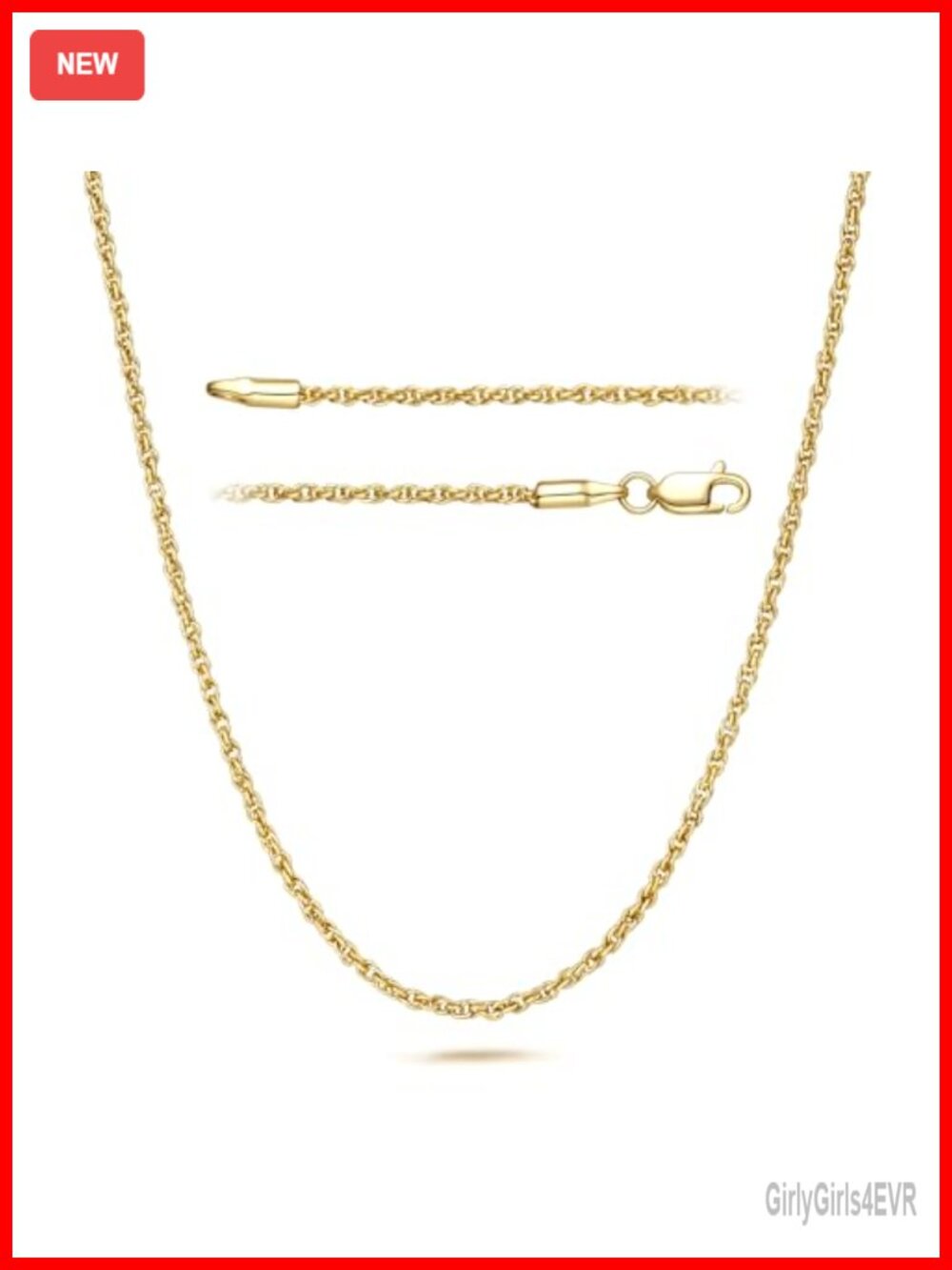 14K Gold Plated Rope Chain Necklace 1.5mm 20in Lobster Clasp